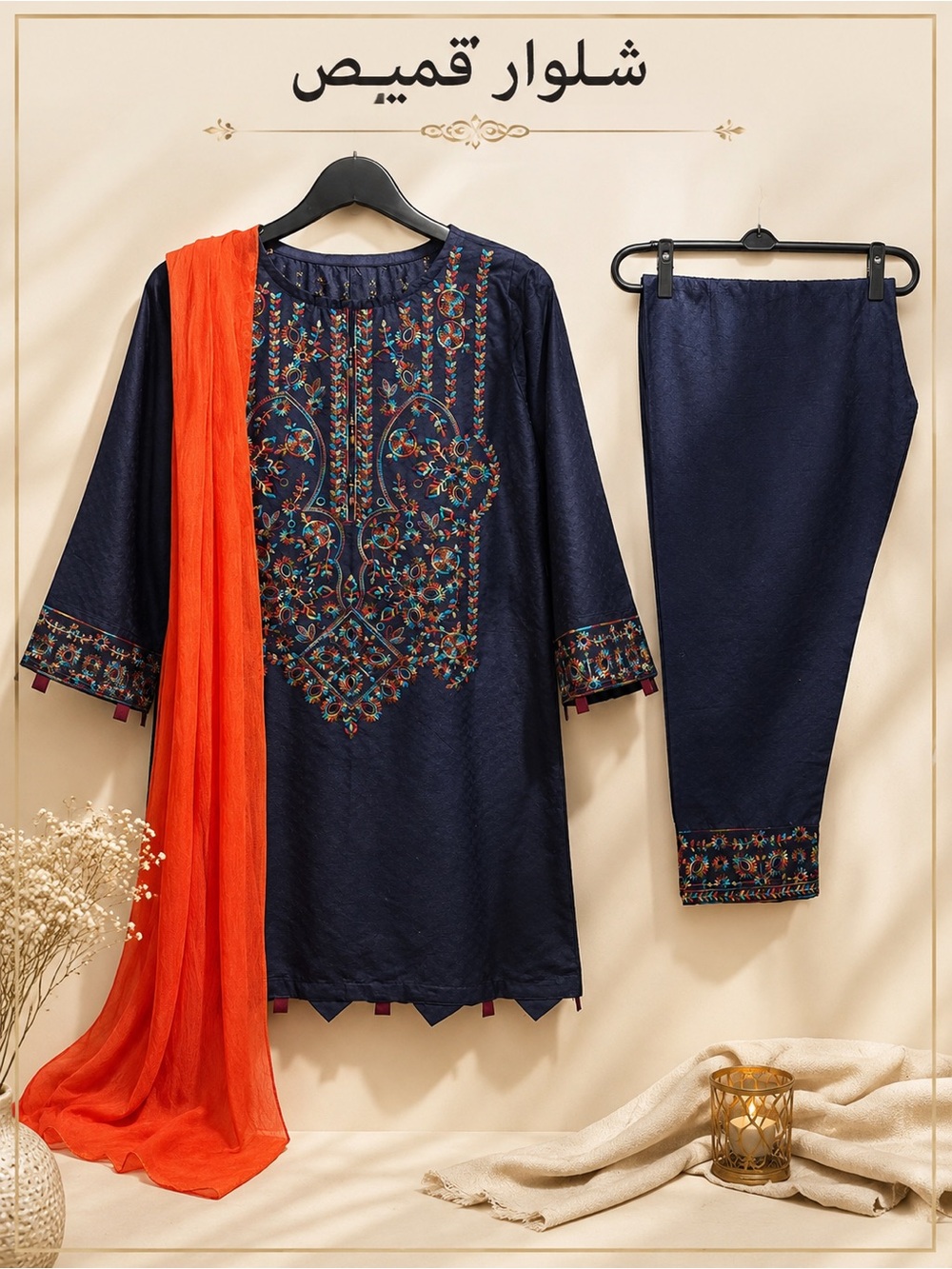 Navy Embroidered Tunic Set with Bright Orange Scarf cotton desi dress